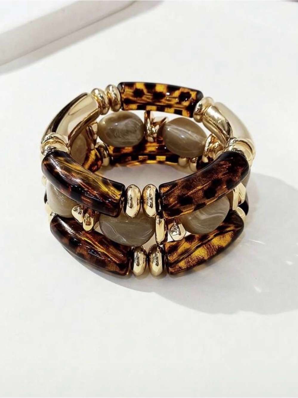 3 pcs Vintage boho Leopold print acrylic & Gold Stretch beaded Bracelet -high en